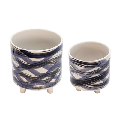 Ceramic 6"/9" Footed Blue Swirl Planter - Set of 2|Cache-pot sur pied de 6 po/9 po en céramique avec spirales bleues - ensemble de 2