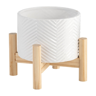 Ceramic 6" Chevron Planter with Wood Stand - White|Cache-pot à chevrons de 6 po en céramique avec support en bois - blanc