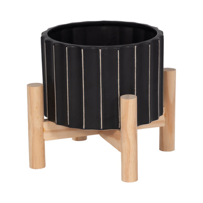 Ceramic 6" Fluted Planter with Wood Stand - Black|Cache-pot cannelé de 6 po en céramique avec support en bois - noir