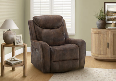 MONARCH SPECIALTIES POWER RECLINING CHAIR, 37" WIDE, GLIDER, SWIVEL, USB PORTS INCLUDED, BROWN LEATHER-LOOK RECLINER | MONARCH SPECIALTIES FAUTEUIL INCLINABLE ELECTRIQUE, 37"L, PLANEUR, À GLISSEMENT, PORT USB INCLUS, ASPECT CUIR BRUN