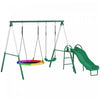 Qaba 3-in-1 Swing Sets for Backyard, 265lbs Capacity Metal Outdoor Playset with A-Frame, 5' Slide, Saucer Swing and Swing Seat, Adjustable Height, for Ages 3-8, Dark Green