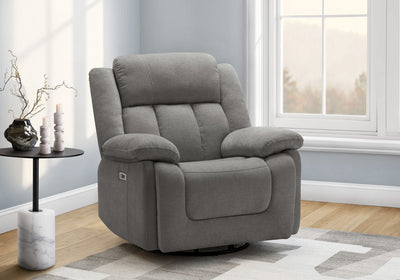 MONARCH SPECIALTIES POWER RECLINING CHAIR, 39" WIDE, GLIDER, SWIVEL, USB PORTS INCLUDED, LIGHT GREY FABRIC Recliner | MONARCH SPECIALTIES FAUTEUIL INCLINABLE ELECTRIQUE, 39"L, PLANEUR, À GLISSEMENT, PORT USB INCLUS, TISSU GRIS CLAIR