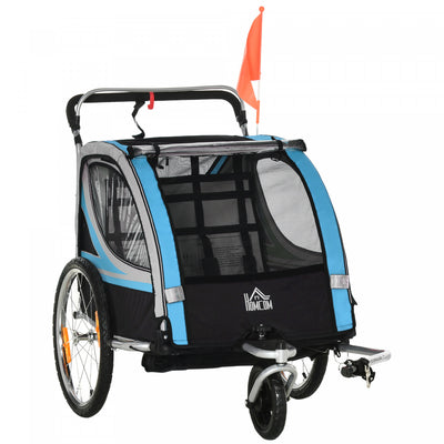 Aosom 2-in-1 Bike Trailer For Kids 2 Seater, Baby Stroller With Brake, Storage Bag, Safety Flag, Ref|Aosom Remorque Velo Enfant 2 En 1, Poussette Bebe Avec Frein, Sac De Rangement, Drapeau De Securite,