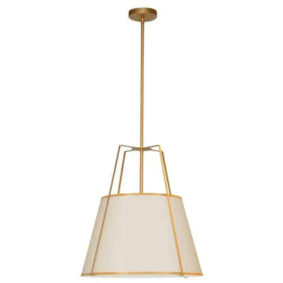 Dainolite Trapezoid 3 Light Pendant Trapezoid Gold/Cream Shade White Fabric Diffuser Lamp|Luminaire suspendu Trapezoid de Dainolite avec abat-jour trapézoïde doré et crème qui diffuse la lumière, tissu blanc et 3 ampoules