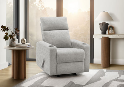 MONARCH SPECIALTIES 30" WIDE UPHOLSTERED RECLINING CHAIR, MANUAL ROCKER, CUP HOLDERS. LIGHT GREY FABRIC RECLINER | MONARCH SPECIALTIES FAUTEUIL 30 PO DE LARGEUR INCLINABLE REMBOURRE, FAUTEUIL BERCANT MANUEL, TISSU GRIS CLAIR