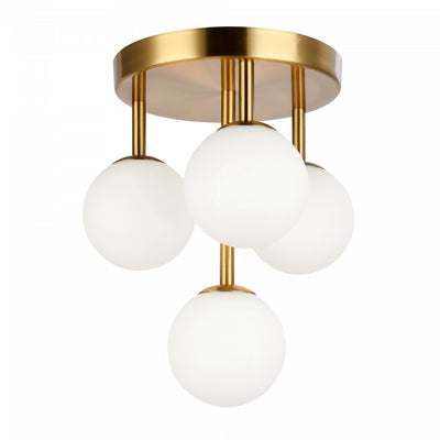 Dainolite Megallan 4 Light Flush Mount Aged Brass Opal White Glass Lamp|Plafonnier affleuré Megallan de Dainolite en verre blanc opale, avec fini laiton vieilli et 4 ampoules