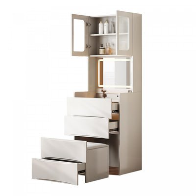 Emily 3-in-1 Vanity Table Set with LED Mirror and Storage,White Mirror Cabinet | Emily Ensemble de coiffeuse 3-en-1 avec miroir LED et rangement, Blanc