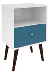Manhattan Comfort Liberty Mid-Century Modern Nightstand with Cubby Space & Drawer - White & Aqua Blue