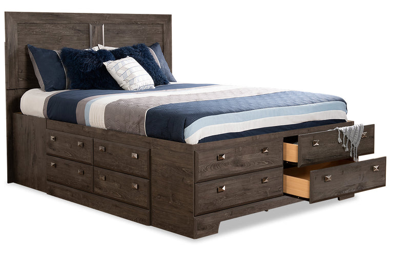 Yorkdale 12-Drawer Platform Bed with Headboard & Storage Frame, Made in Canada, Grey - Full Size