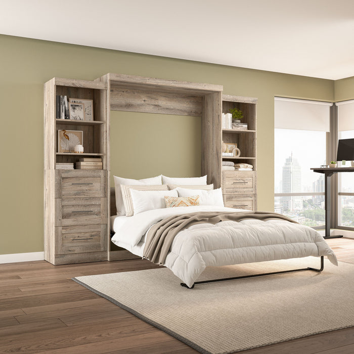 Bestar Pur Queen Murphy Two Shelving Units with Drawers 115-Inch Wall Bed - Rustic Brown