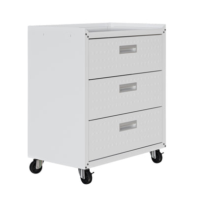 Fortress Textured Metal 31.5" Garage Mobile Chest with 3 Drawers - White|Commode verticale mobile Fortress de Manhattan Comfort de 31,5 po en métal texturé avec 3 tiroirs pour le garage - blanche