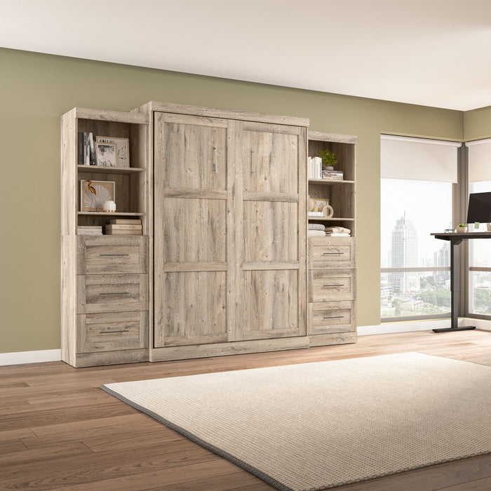 Bestar Pur Queen Murphy Two Shelving Units with Drawers 115-Inch Wall Bed - Rustic Brown