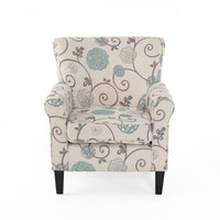 Catherine Linen-look Fabric Accent Chair With Wood Legs - White and Blue