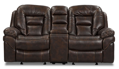Leo 78" Leather-Look Fabric Power Reclining Loveseat with Storage Console - Walnut Brown | Causeuse à inclinaison électrique Leo de 78 po en tissu d’apparence cuir avec console de rangement - brun noyer