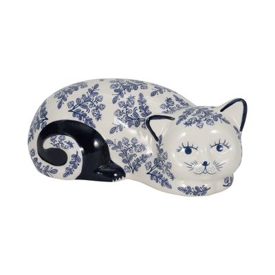 4” Ceramic Sleeping Chinoiserie Cat – Blue | Chat endormi de 4 po en céramique de style chinoiserie - bleu