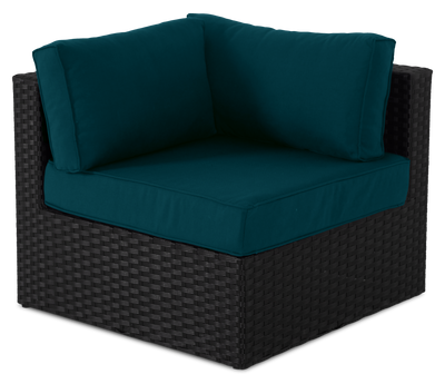 Barbados Corner Outdoor Patio Chair - Hand-Woven Resin Wicker, UV & Weather Resistant - Black/Blue | Fauteuil en coin Barbados pour la terrasse à l’extérieur - osier en résine tressé à la main, résistant aux rayons UV et aux intempéries - noir et bleu