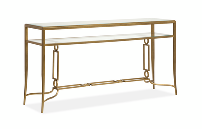 Avondale 60" Glam Glass Sofa Table with Shelf - Burnished Brass | Table de salon somptueuse Avondale de 60 po en verre avec tablette - laiton poli