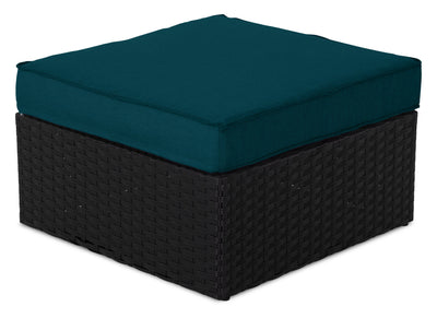 Barbados Outdoor Patio Ottoman - Hand-Woven Resin Wicker, UV & Weather Resistant - Black/Blue | Pouf Barbados pour la terrasse à l’extérieur - osier en résine tressé à la main, résistant aux rayons UV et aux intempéries - noir et bleu
