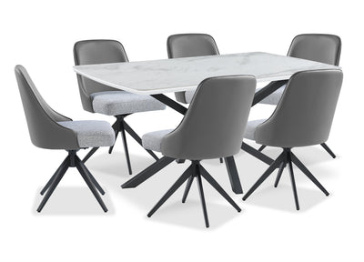 Bari 7pc Dining Set with Table & 6 Grey Swivel Chairs, Marble-Look Ceramic Top, Metal, 63"W | Ensemble de salle à manger Bari 7 pièces en métal avec table de 63 po (L) avec dessus en céramique d’apparence marbre et 6 chaises pivotantes grises