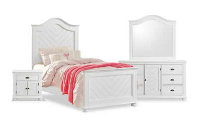 Ella 6pc Bedroom Set with Panel Bed, Dresser, Mirror & Nightstand, White - Twin Size | Ensemble de chambre à coucher Ella 6 pièces blanc avec lit à panneaux, commode, miroir et table de nuit - format lit simple