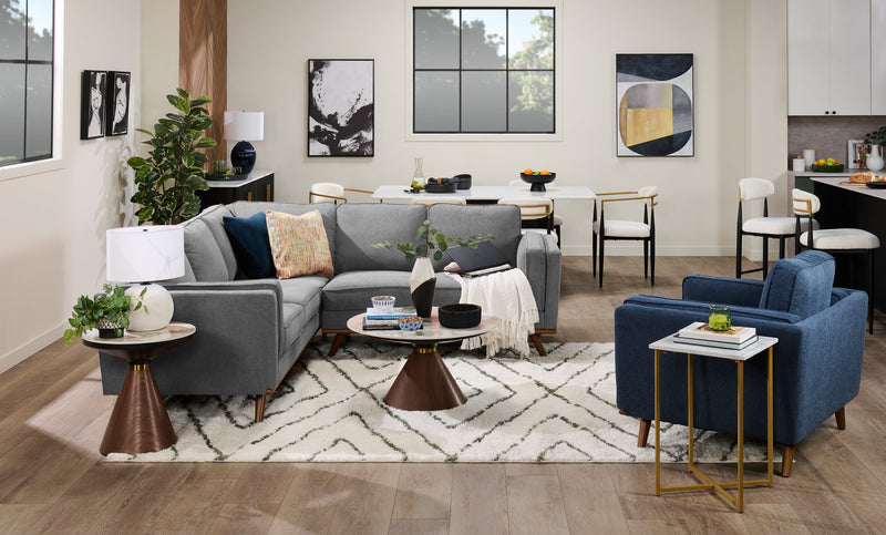 Kort & Co. Kassia 2-Piece Linen-Look Fabric Sectional with Wood Base and Legs - Grey