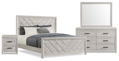 Lark 6pc Bedroom Set with Panel Bed, Dresser, Mirror & Nightstand, Rustic White - King Size | Ensemble de chambre à coucher Lark 6 pièces blanc rustique avec lit à panneaux, commode, miroir et table de nuit - format très grand lit