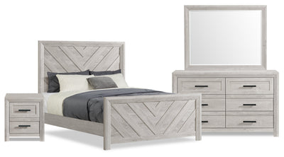 Lark 6pc Bedroom Set with Panel Bed, Dresser, Mirror & Nightstand, Rustic White - Queen Size | Ensemble de chambre à coucher Lark 6 pièces blanc rustique avec lit à panneaux, commode, miroir et table de nuit - format grand lit