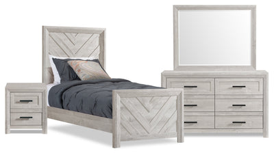Lark 6pc Bedroom Set with Panel Bed, Dresser, Mirror & Nightstand, Rustic White - Twin Size | Ensemble de chambre à coucher Lark 6 pièces blanc rustique avec lit à panneaux, commode, miroir et table de nuit - format lit simple