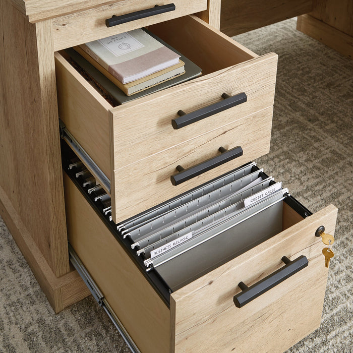 Mason Peak 59.06\" Commercial Grade L-Shaped Office Desk with 3-Drawers & Cabinet - Prime Oak