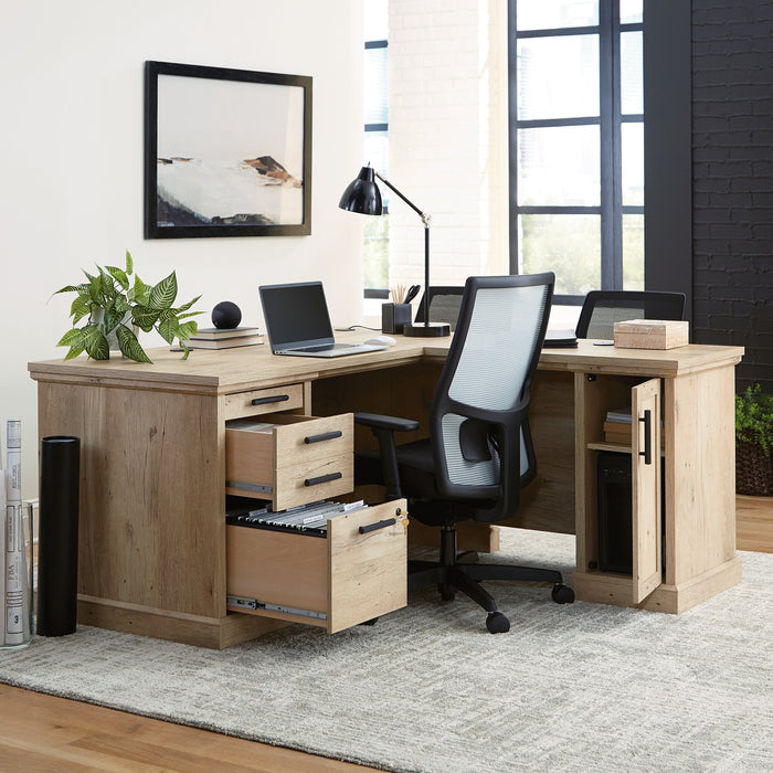 Mason Peak 59.06\" Commercial Grade L-Shaped Office Desk with 3-Drawers & Cabinet - Prime Oak
