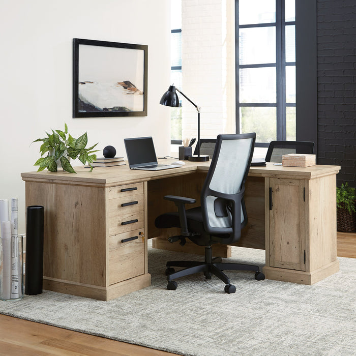 Mason Peak 59.06\" Commercial Grade L-Shaped Office Desk with 3-Drawers & Cabinet - Prime Oak