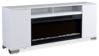Robin 70" Modern Electric Fireplace TV Stand with Storage and Cable Management for TVs up to 80"- White|Meuble pour téléviseur moderne Robin de 70 po avec foyer électrique, rangement et système de gestion des câbles pour téléviseurs jusqu’à 80 po - blanc
