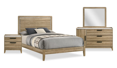 Sable 6pc Bedroom Set with Bed, Dresser, Mirror & Nightstand, Light Brown - Queen Size | Ensemble de chambre à coucher Sable brun clair 6 pièces avec lit, commode, miroir et table de nuit - format grand lit