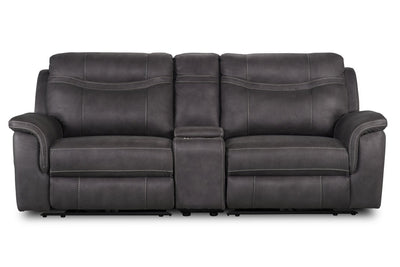 Floy 99" Faux Suede Power Reclining Loveseat with Power Headrests, Storage Console and USB Ports - Grey | Causeuse à inclinaison électrique Floy de 99 po en suédine avec appuie-têtes électriques, console de rangement et ports USB - grise