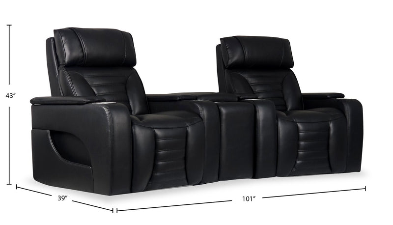 Zen 3-Piece Leather-Look Fabric Home Theatre Power Reclining Sectional with Massage and Storage Console - Black