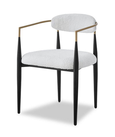Kort & Co. Capri Dining Armchair with Boucle Fabric & Gold Accent, Metal - White | Chaise de salle à manger à accoudoirs Capri de Kort & Co. en métal avec tissu bouclé et touches dorées - blanche