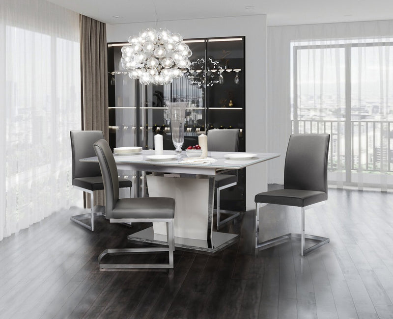 Naya 5pc Dining Package with 63-78.75\"W Extension Table & 4 Chairs - Faux White Marble & Grey