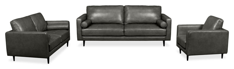 Edge 86\" Genuine Leather Sofa with Wood Legs and Removable Back Cushions - Grey