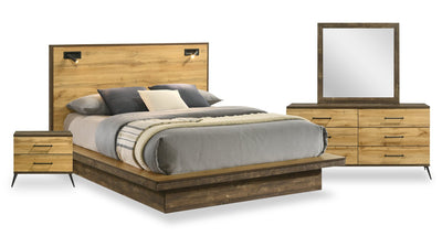 Silas 6pc Bedroom Set with Platform Bed, Dresser, Mirror & Nightstand, LED, Rustic Brown - Full Size | Ensemble de chambre à coucher Silas 6 pièces brun rustique avec lit plateforme, commode, miroir, table de nuit et éclairage à DEL - format lit double