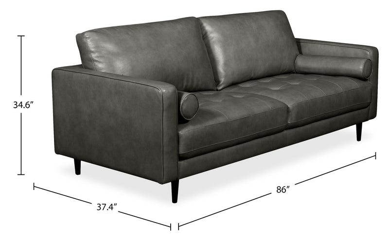 Edge 86\" Genuine Leather Sofa with Wood Legs and Removable Back Cushions - Grey