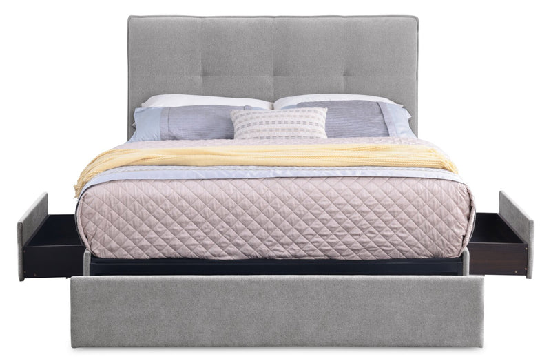 Amos Upholstered Storage Bed in Grey Fabric with Tufted Headboard & 3 Built-in Drawers - Queen Size