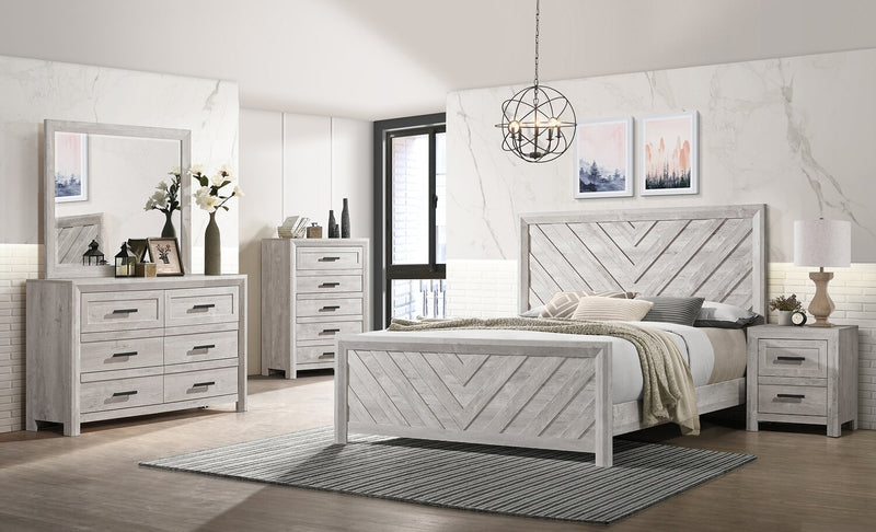 Lark Panel Bed with Headboard & Frame, Chevron Pattern, Rustic White - King Size