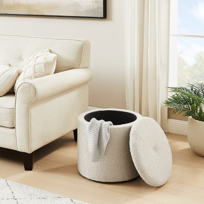 Ontario 14.75\" Round Fabric Storage Ottoman - White