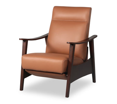 Aydin 27.5" Genuine Leather Pushback Reclining Accent Chair with Wood Armrests and Legs - Camel Orange | Fauteuil d’appoint à inclinaison par poussée Aydin de 27,5 po en cuir véritable avec accoudoirs et pattes en bois - orange chameau
