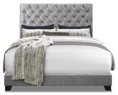 Candace Upholstered Bed in Velvet Grey Fabric, Button Tufted - King Size | Lit rembourré Candace en tissu de velours gris avec capitonnage à boutons - format très grand lit