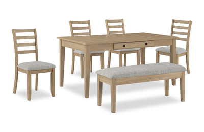 Cove 6pc Dining Table Set with Table, Bench & 4 Chairs, Storage Drawers, Melamine, 66"W - Natural/Grey | Ensemble de salle à manger Cove 6 pièces en mélamine avec table de 66 po (L), tiroirs de rangement, banc et 4 chaises - naturel et gris