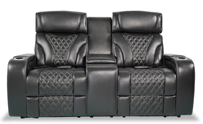 Elite 74" Genuine Leather Massage Power Reclining Loveseat with Power Headrests and Storage Arms - Black | Causeuse de massage à inclinaison électrique Elite de 74 po en cuir véritable avec appuie-têtes électriques et accoudoirs de rangement - noire