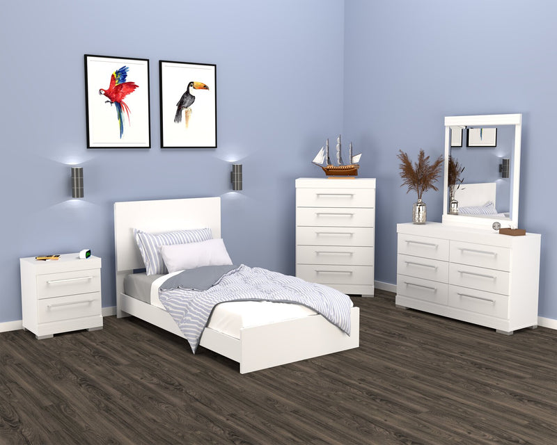 Riley 6pc Bedroom Set with Panel Bed, Dresser, Mirror & Nightstand, Made in Canada, White - Twin Size