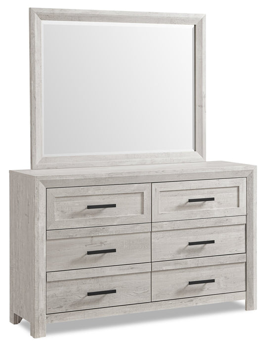 Lark 6pc Bedroom Set with Panel Bed, Dresser, Mirror & Nightstand, Rustic White - King Size