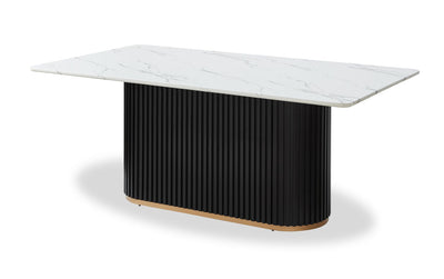 Kort & Co. Capri Dining Table with Marble-Look Top & Gold Accent, Pedestal Base, 72"W - Black/White | Table de salle à manger Capri de Kort & Co. de 72 po (L) avec dessus en imitation de marbre, touches dorées et base piédestal - noire et blanche